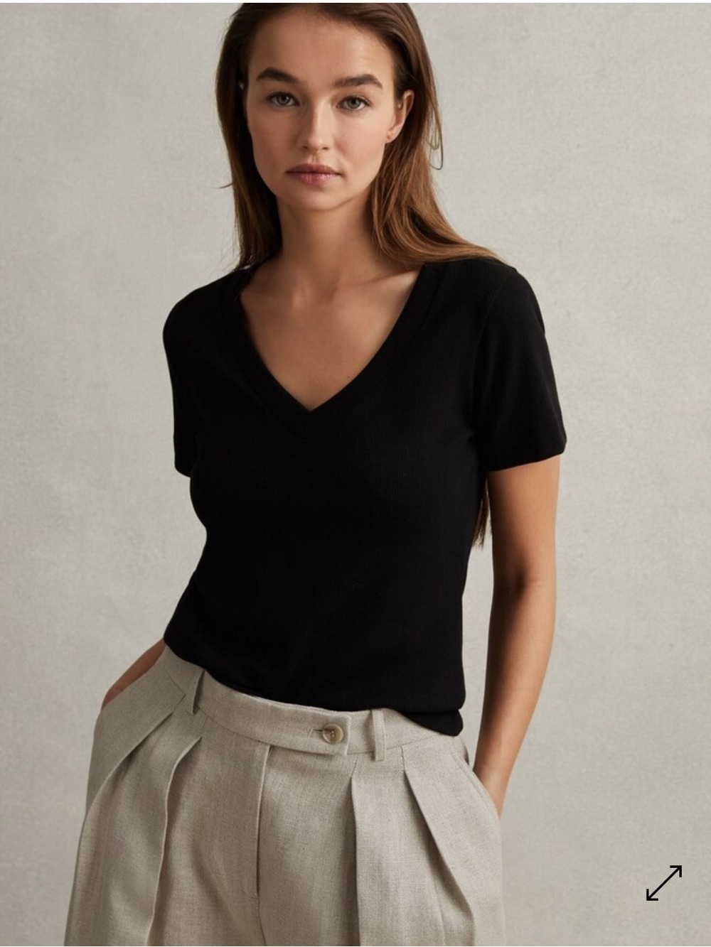 REISS Maggie Ribbed Black V-Neck Short Sleeve T-Shirt Top Womens Size Medium